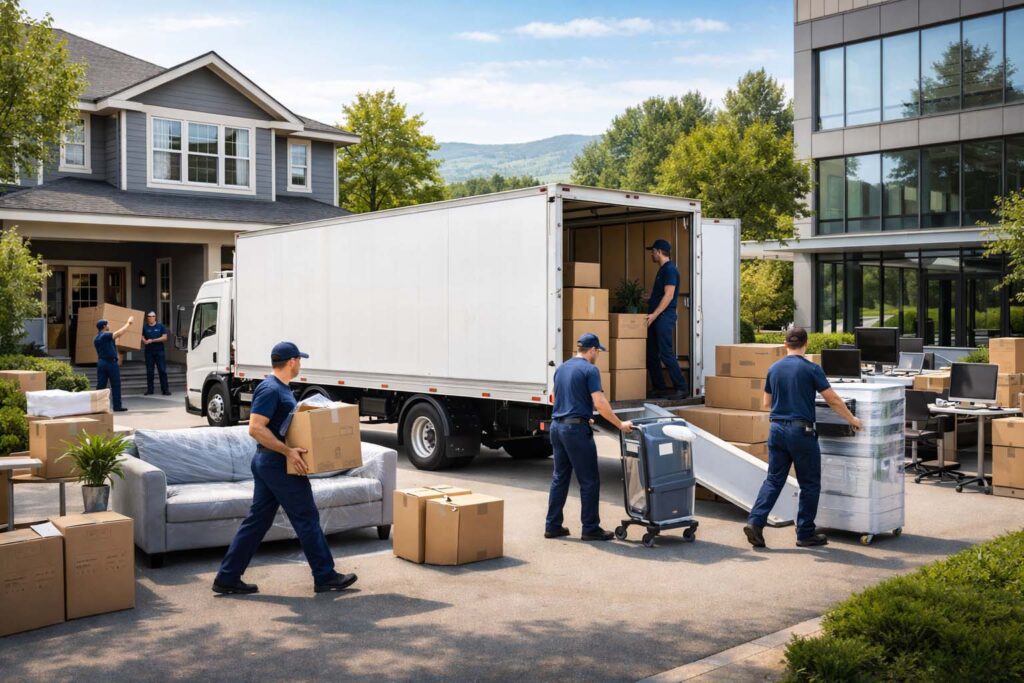 Logistic Union Inc expert movers transporting wrapped furniture and office equipment for secure Denver relocations