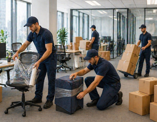 Professional packing services by Logistic Union Inc with office chair wrapping and organized cargo handling
