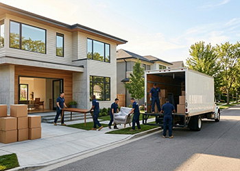 Logistic Union Inc household moving services crew loading furniture and boxes into truck at suburban home